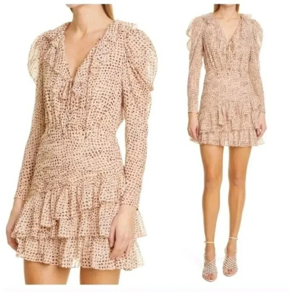 New $695 Ulla Johnson Silk Cecily Leopard Ikat Dot Mini Dress Beige Size 0 - Picture 1 of 16
